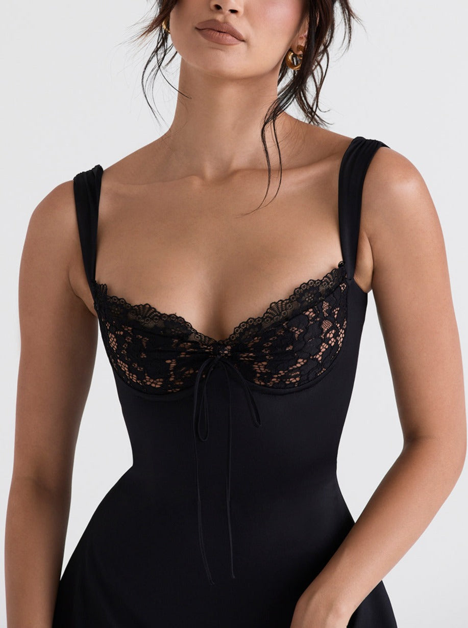 adriana black satin and lace mini dress House of CB