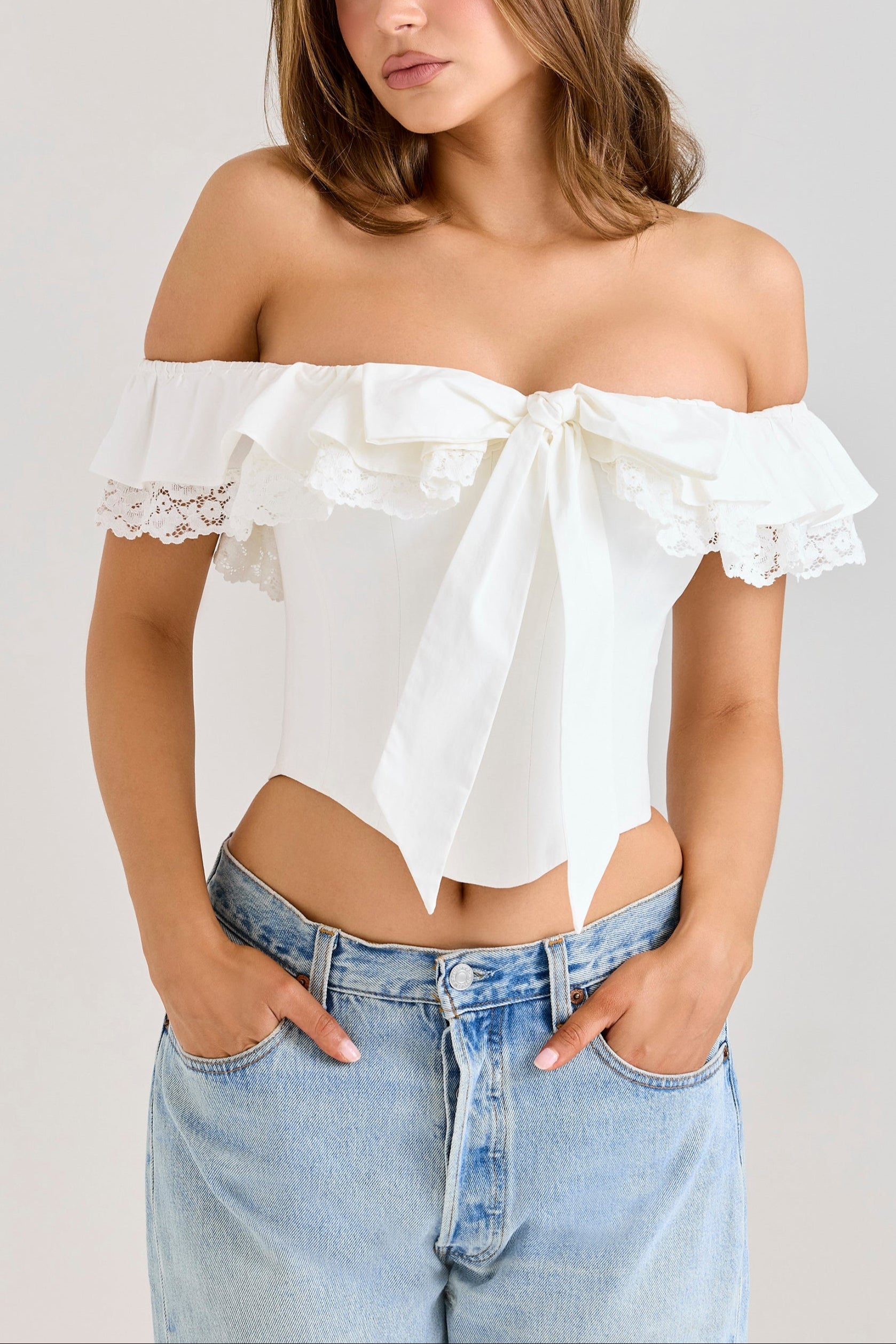 Zoya off-the-shoulder frill corset Top – OUTCAST