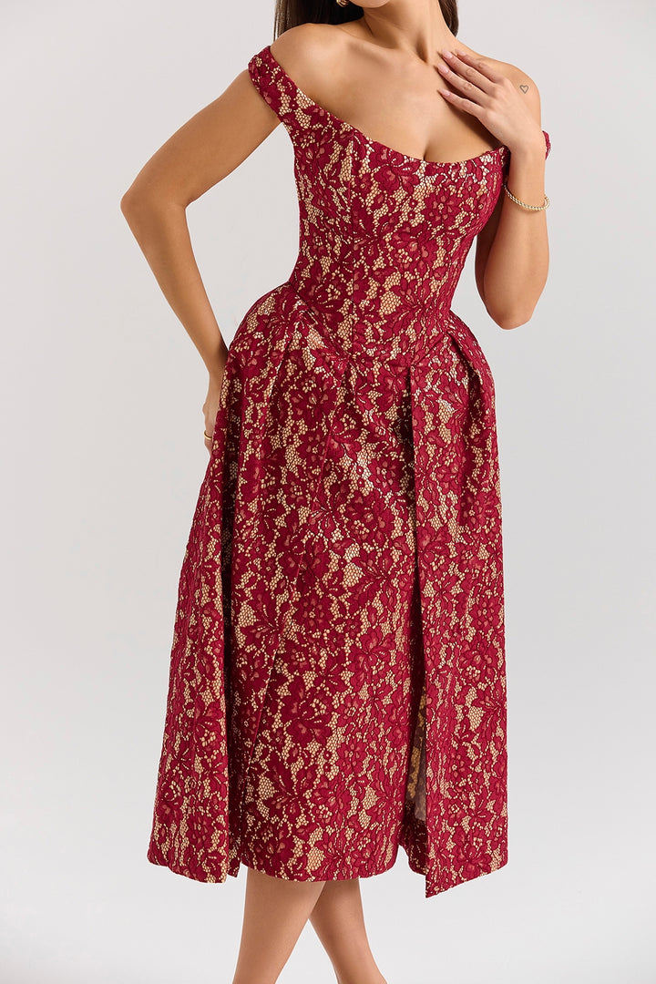 Marina Berry Lace Midi Off Shoulder Dress