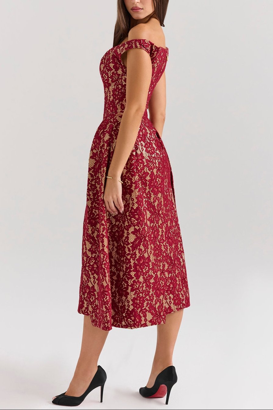 Marina Berry Lace Midi Off Shoulder Dress