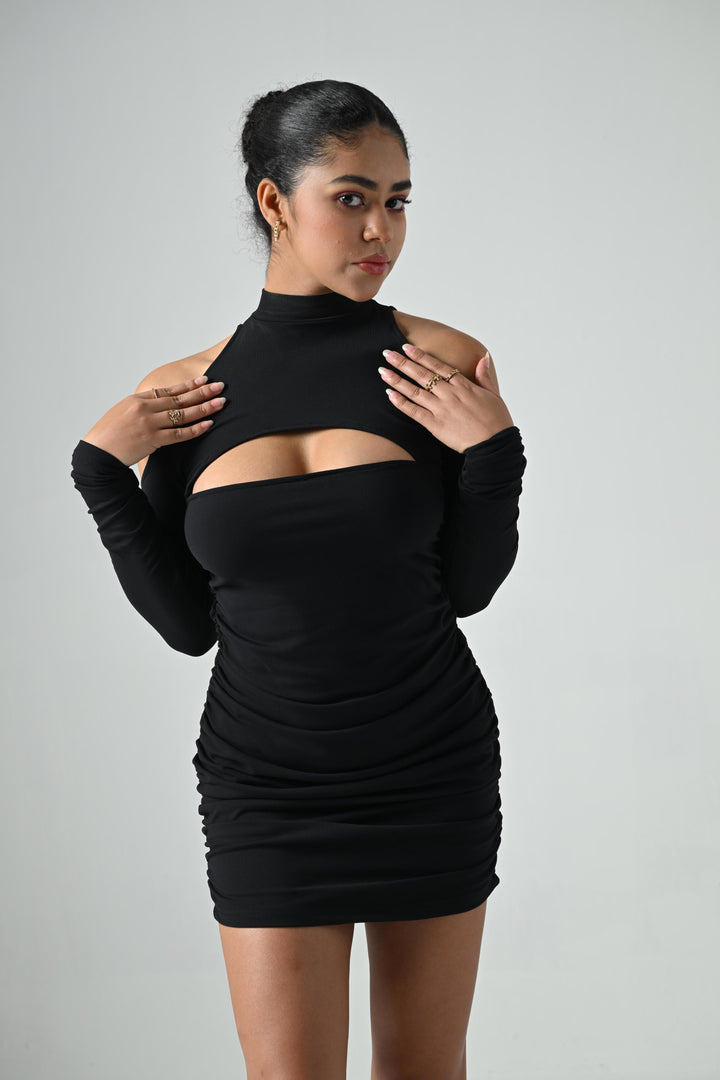 Helen High Neck Cut Out Mini Dress in Black