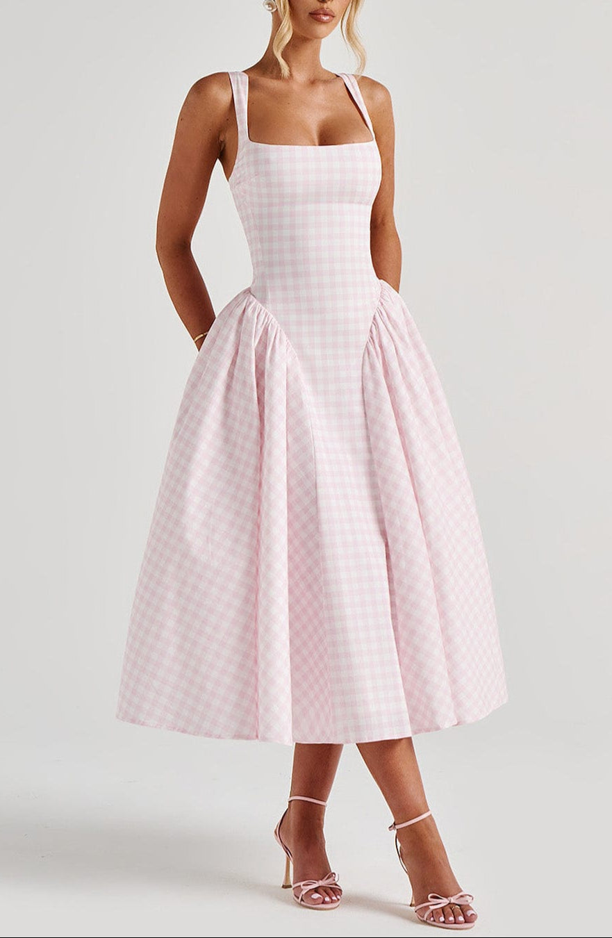 Revina Midi Dress in Blush Gingham