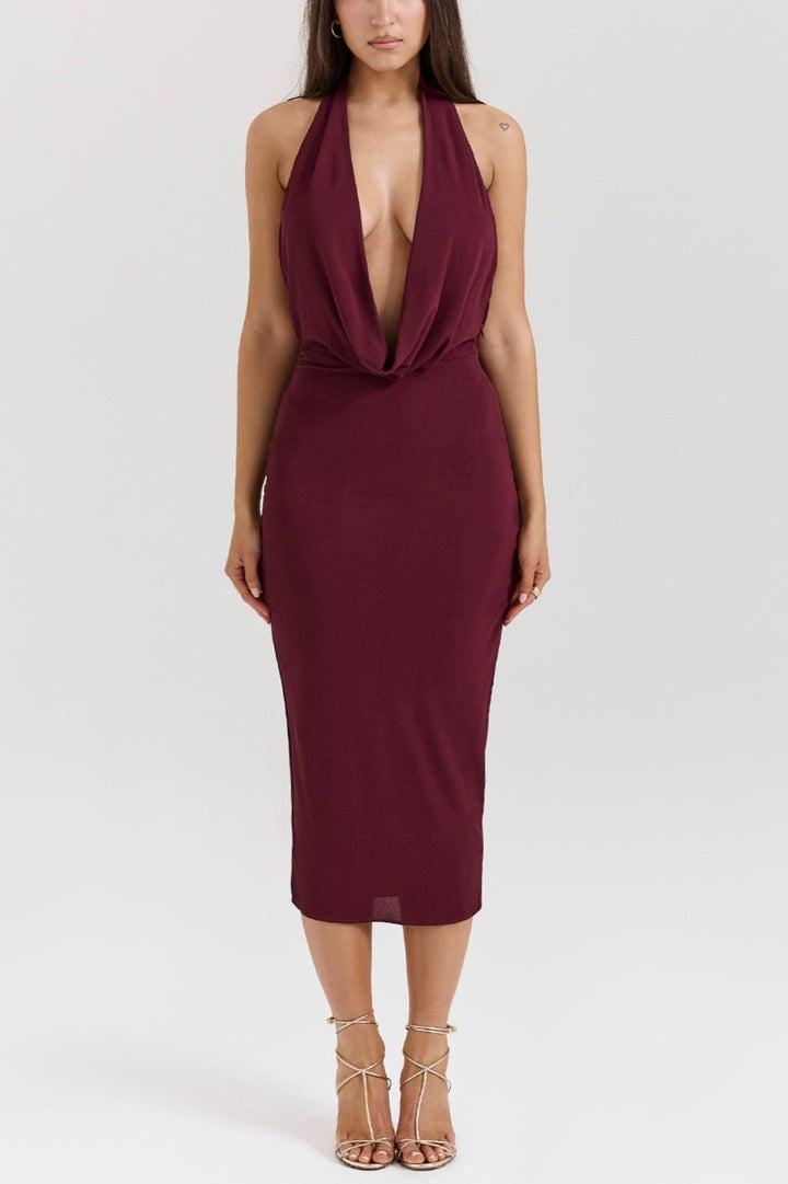 Lena Merlot Draped Midi Dress