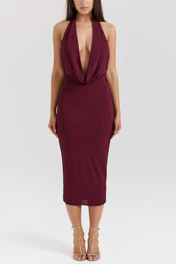 Lena Merlot Draped Midi Dress