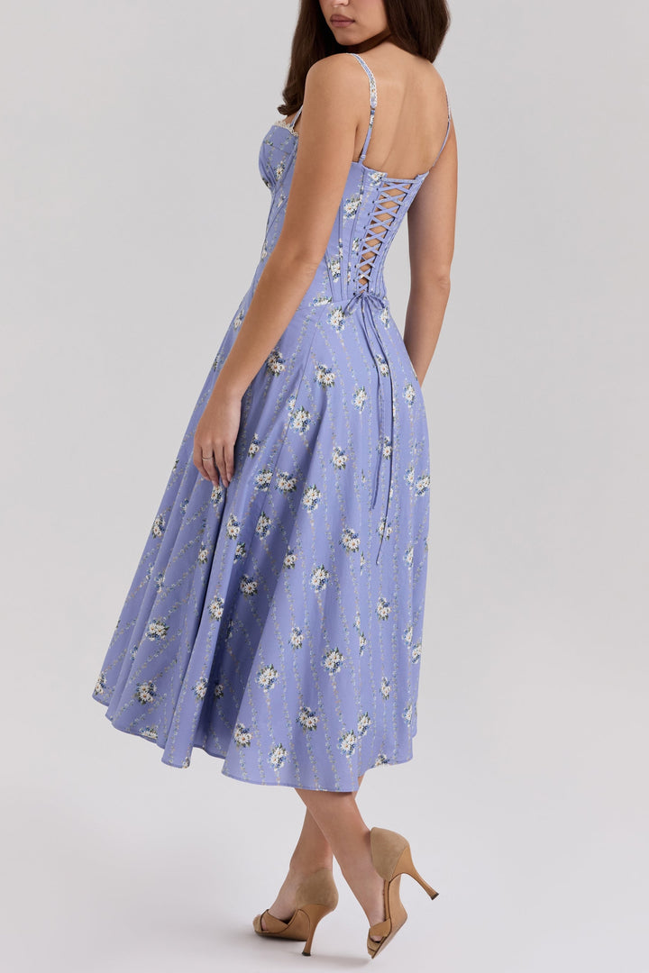 Lilou Blue Daisy Print Midi Sundress in Blue