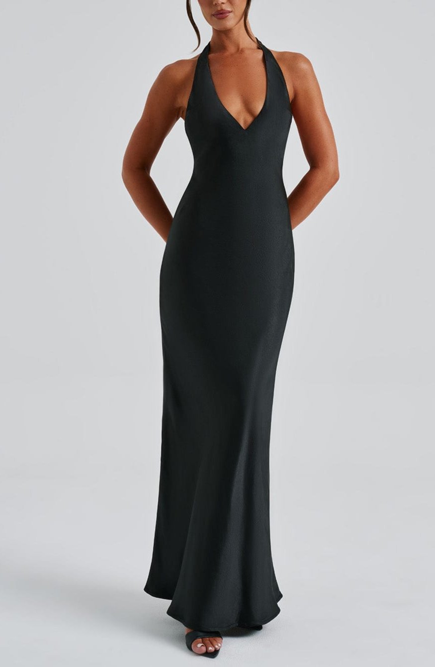 Rufina Satin Maxi Dress in Black