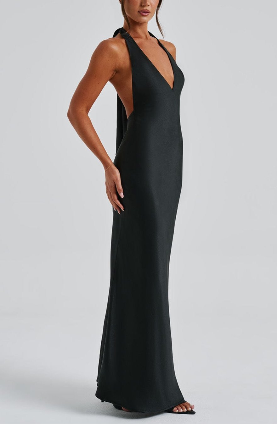 Rufina Satin Maxi Dress in Black