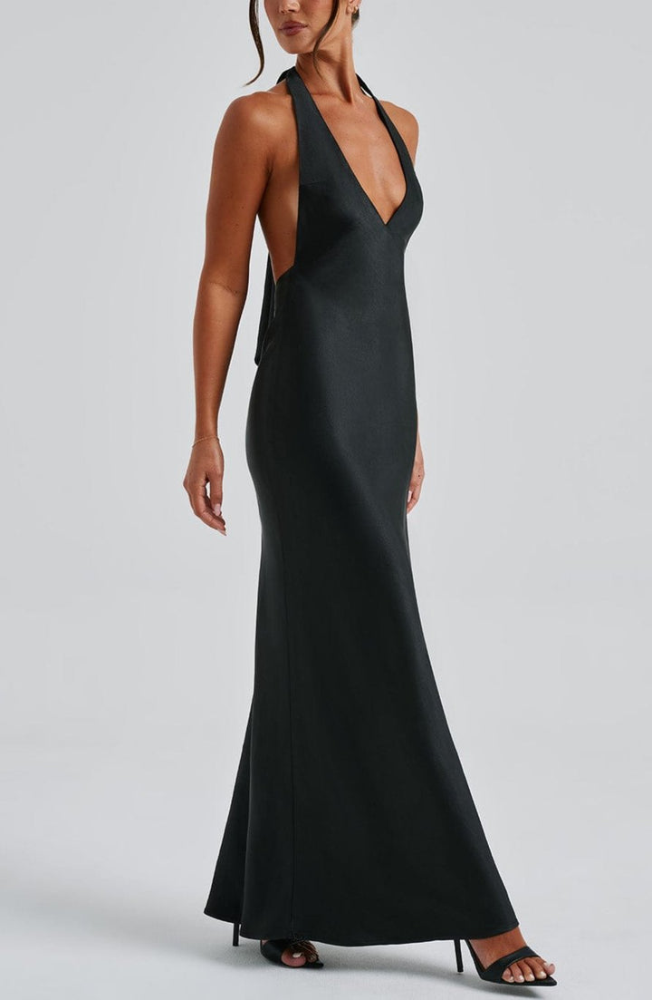 Rufina Satin Maxi Dress in Black