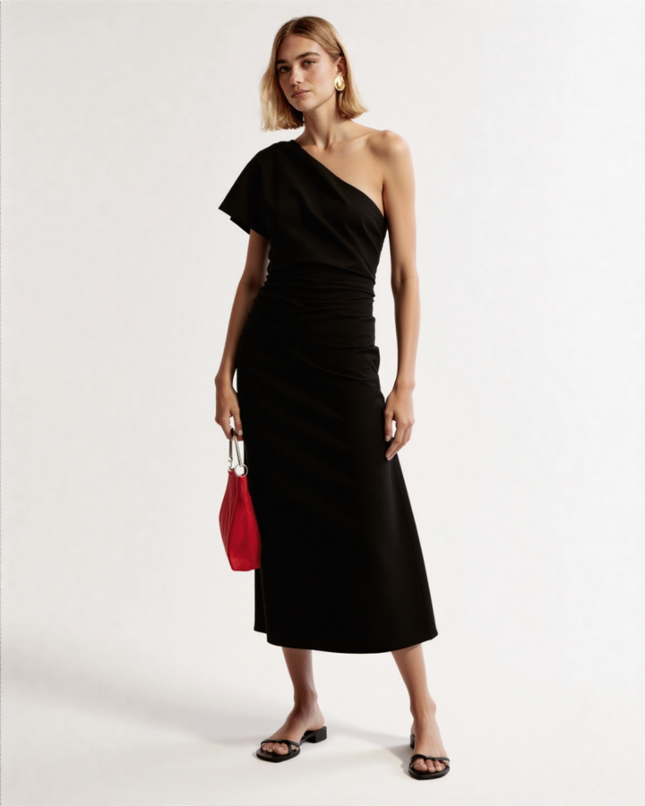 Evira Asymmetrical linen Midi dress Black