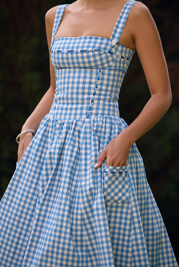 ANIAH BLUE GINGHAM MIDI SUNDRESS