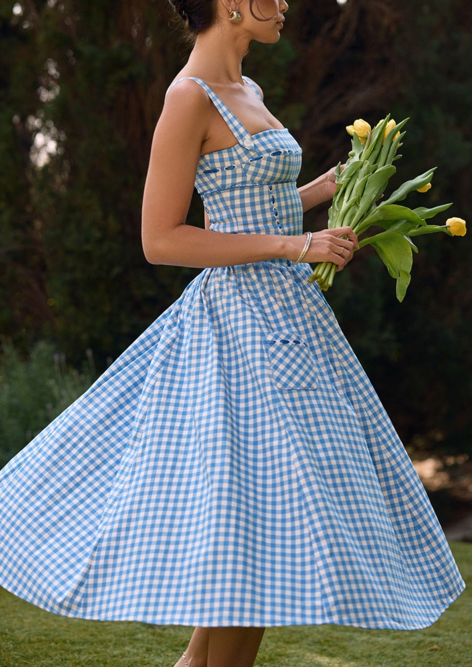 ANIAH BLUE GINGHAM MIDI SUNDRESS