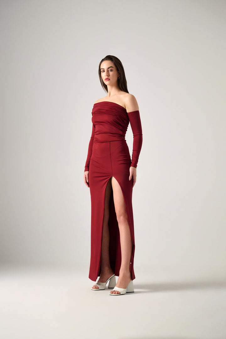 Mira LONG SLEEVE RUCHED MAXI DRESS WITH SIDE SPLIT