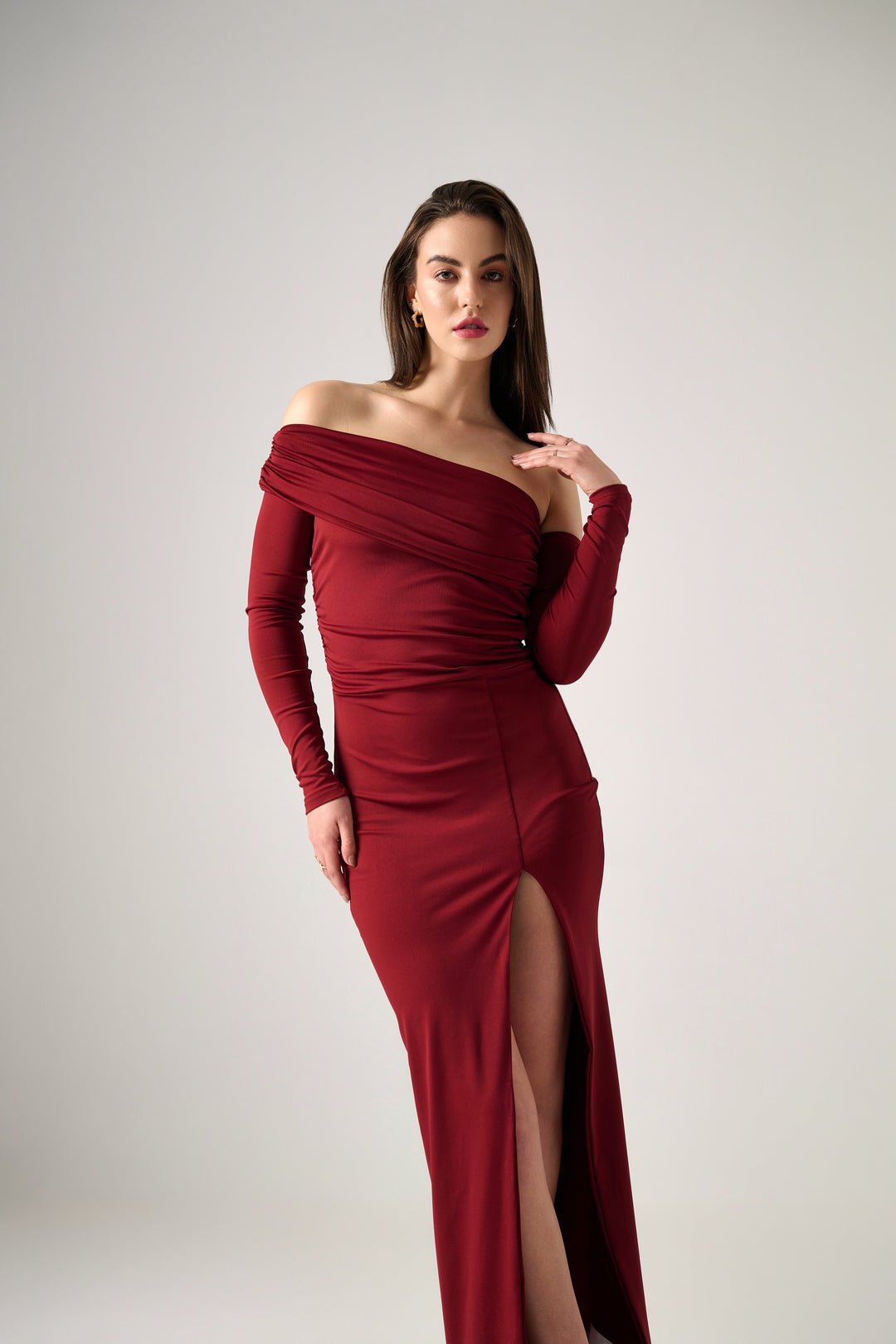 MIRA LONG SLEEVE RUCHED MAXI DRESS WITH SIDE SPLIT
