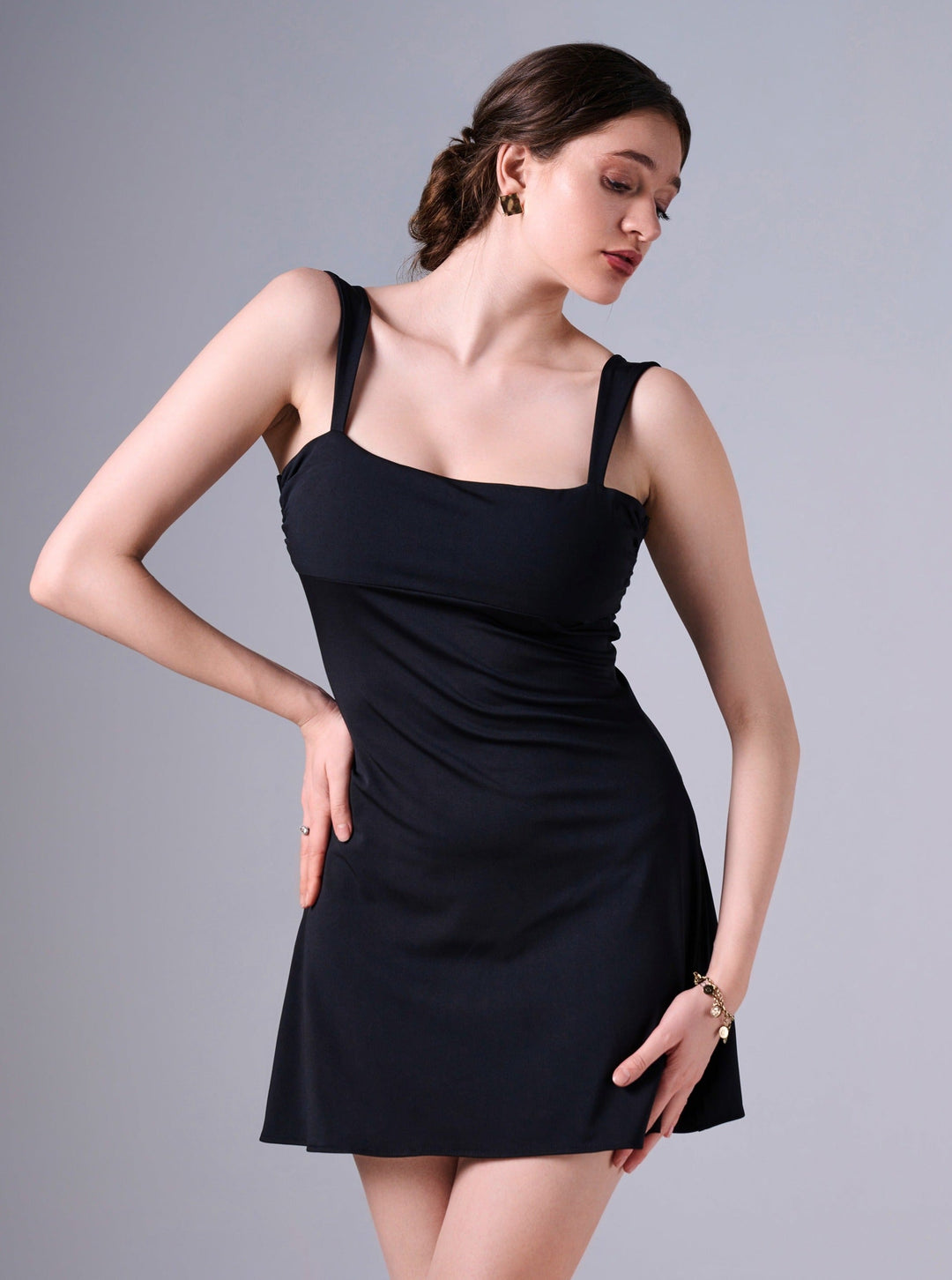 VIENNA Tie Up corset Back Mini Dress in Black