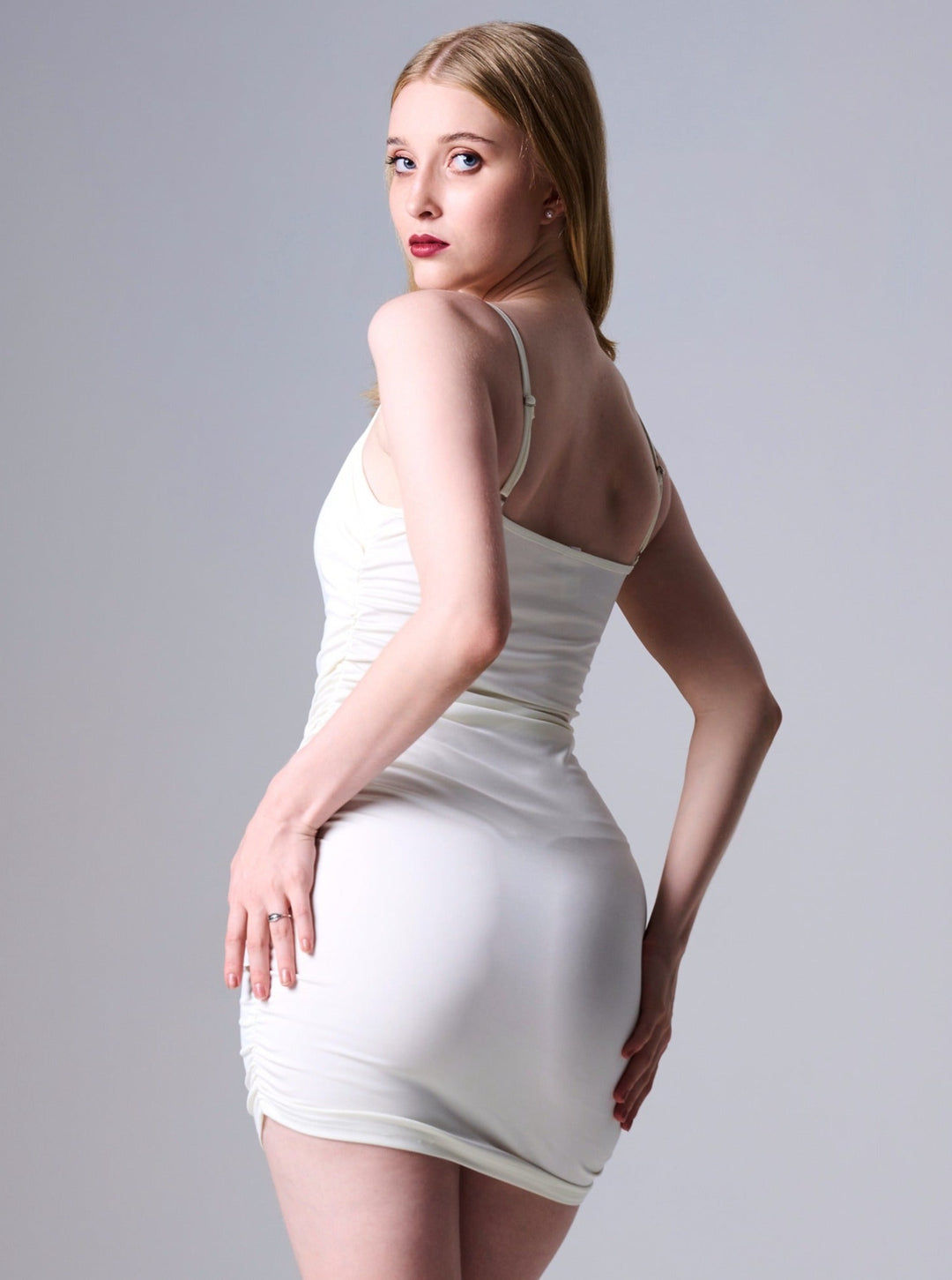 Rene Ruched white Bodycon Mini Dress