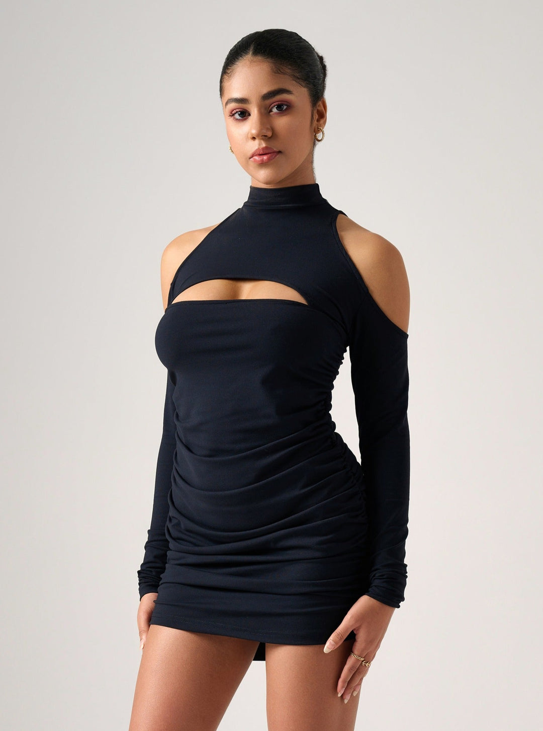 Ashley Ruched Cut Out Sides Long Sleeve Mini Dress in Black – OUTCAST