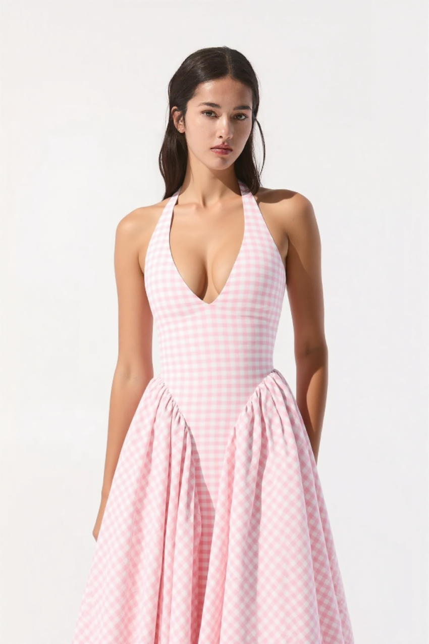 Arina strawberry gingham halter midi sundress