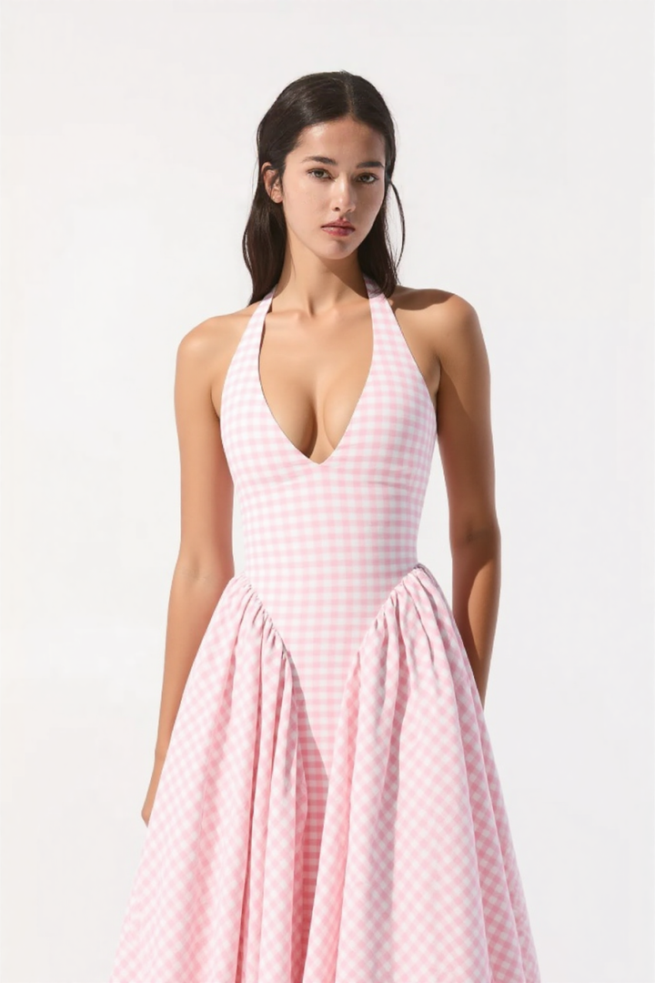 Arina strawberry gingham halter midi sundress