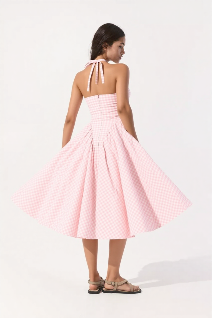 Arina strawberry gingham halter midi sundress