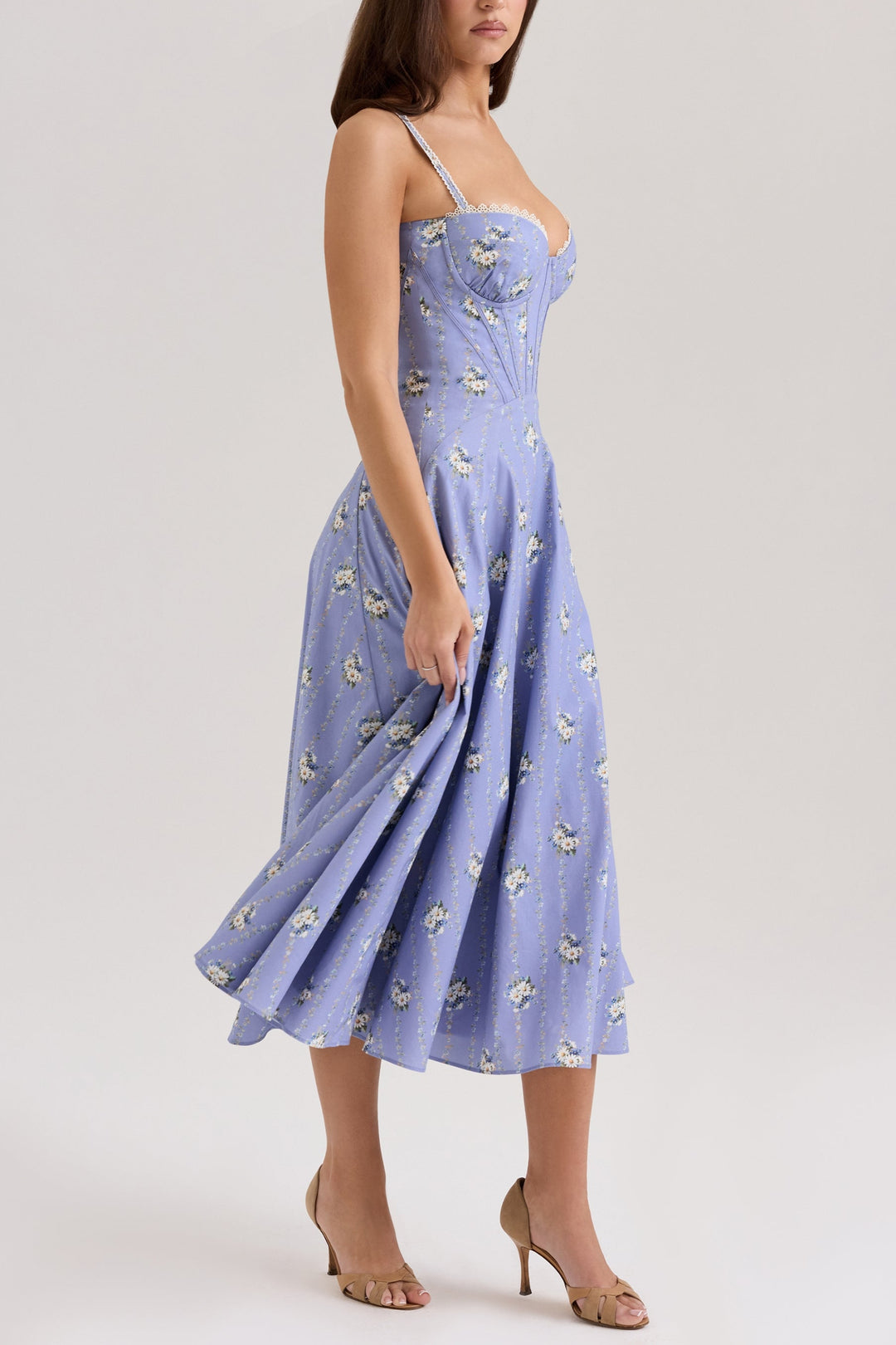 Lilou Blue Daisy Print Midi Sundress in Blue