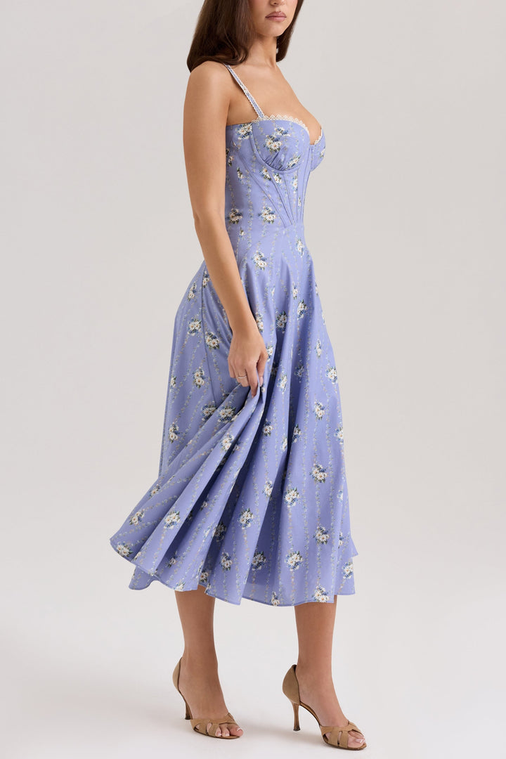 Lilou Blue Daisy Print Midi Sundress in Blue