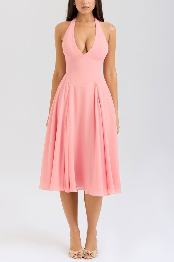 Sadie Peach Georgette Halter Dress