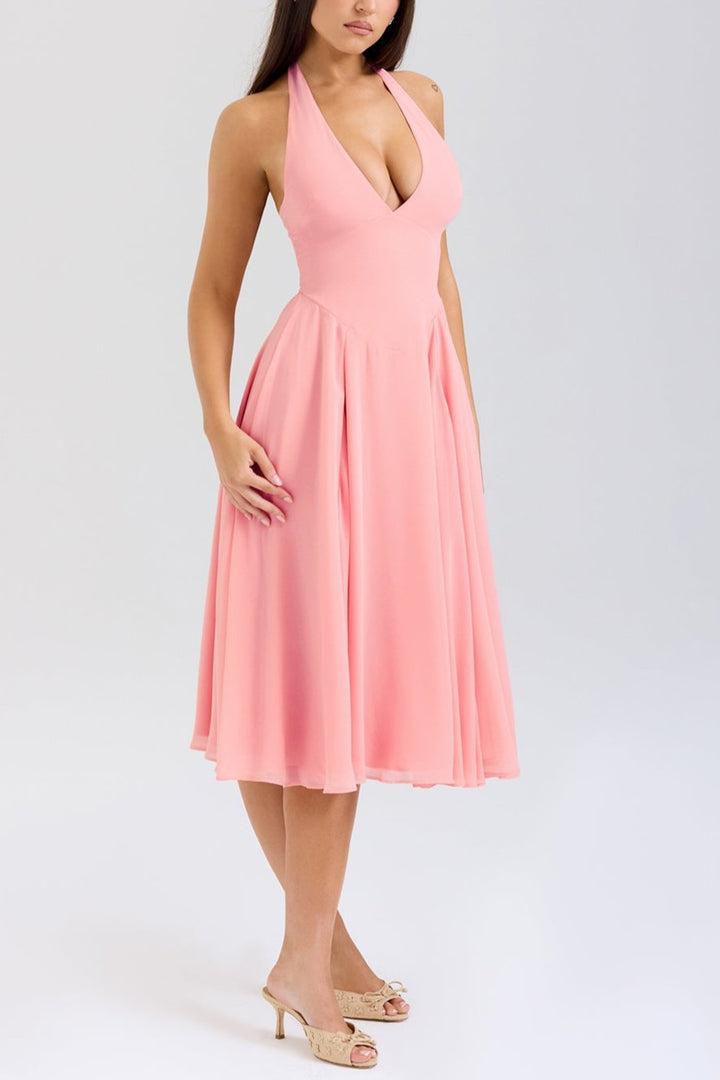 Sadie Peach Georgette Halter Dress