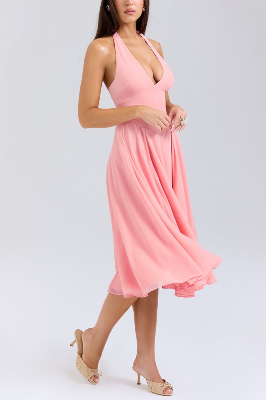 Sadie Peach Georgette Halter Dress