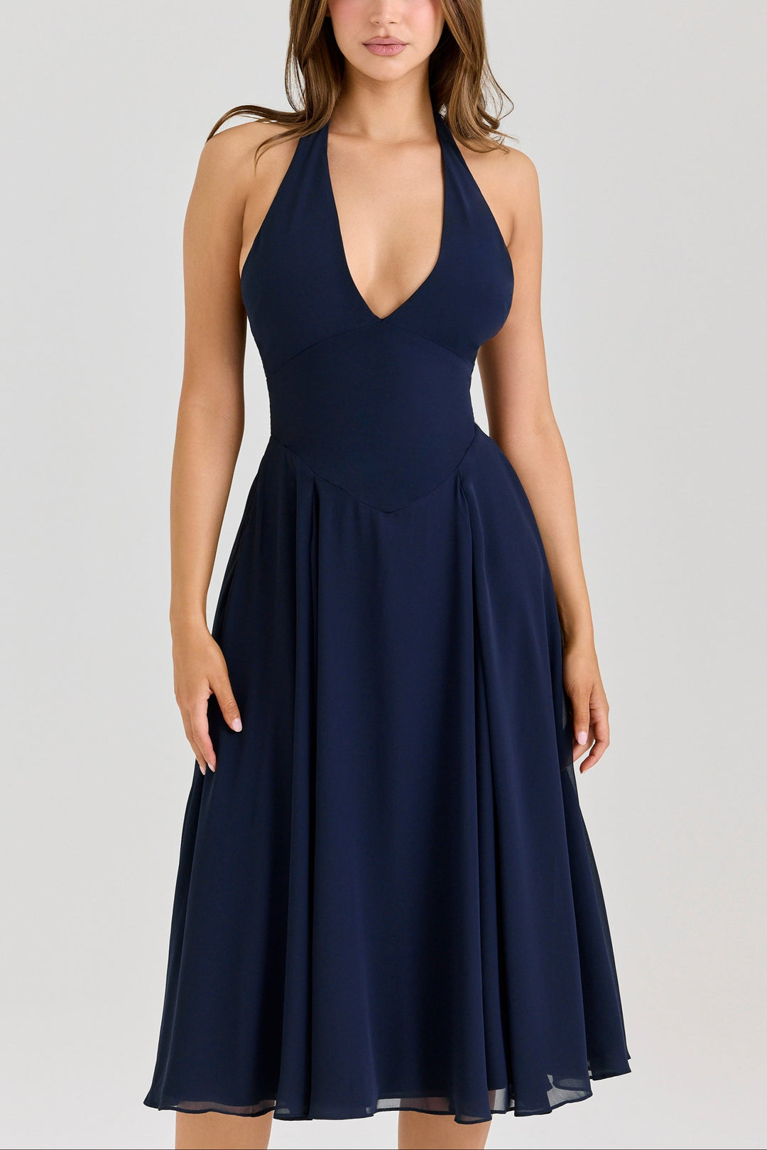 Rozaliya navy georgette halter midi dress