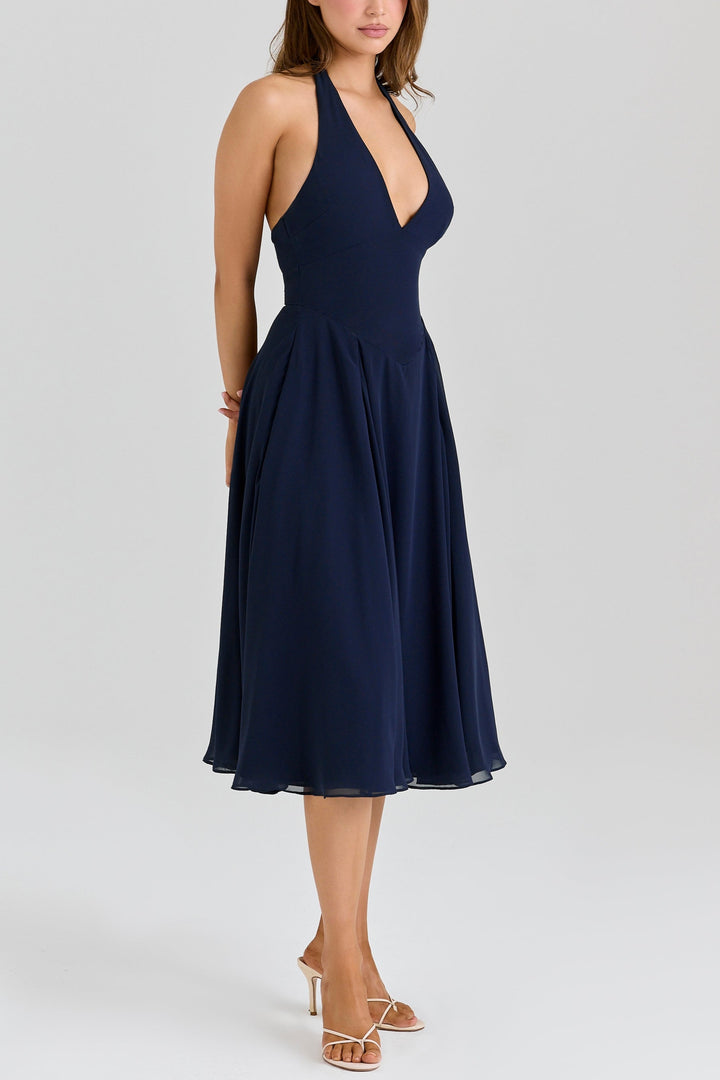 Rozaliya navy georgette halter midi dress