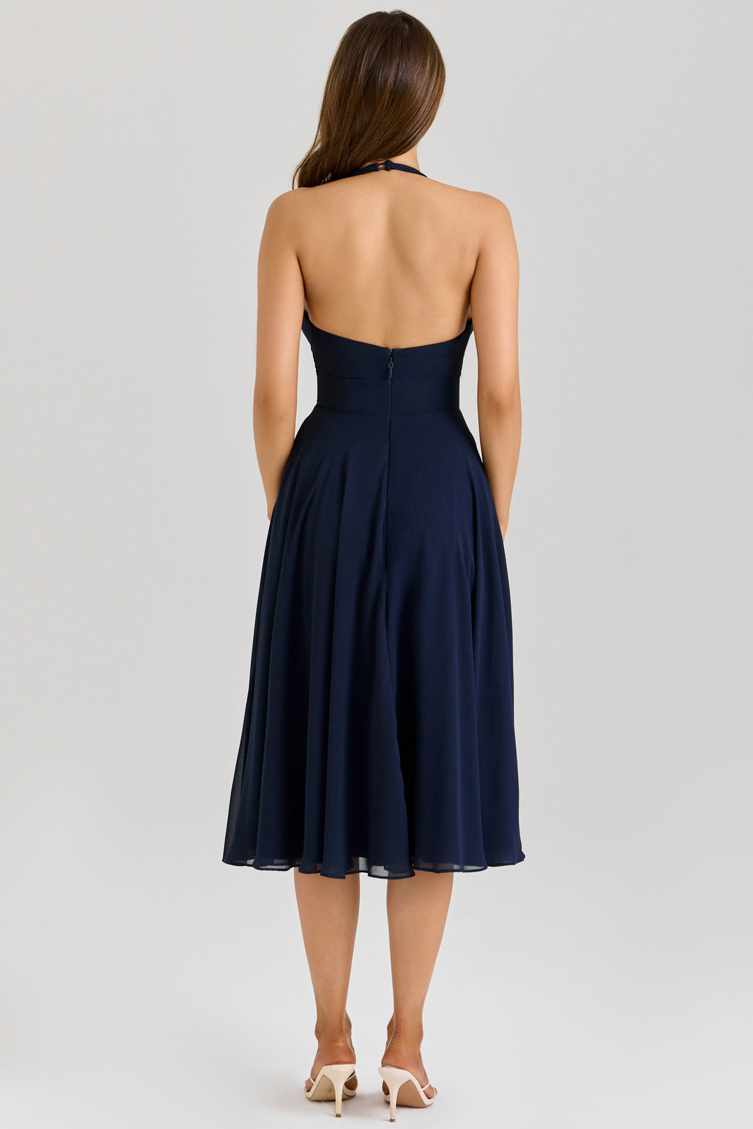 Rozaliya navy georgette halter midi dress
