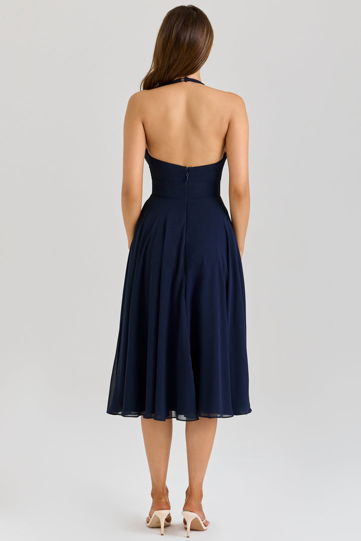 Rozaliya navy georgette halter midi dress