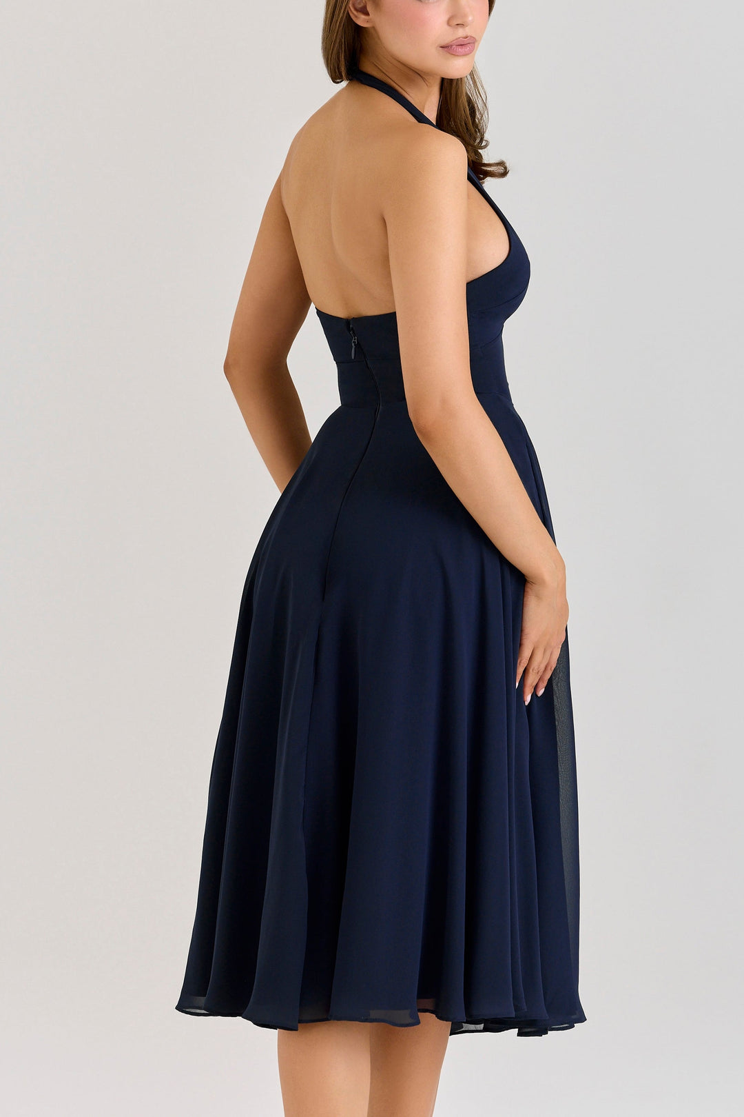 Rozaliya navy georgette halter midi dress