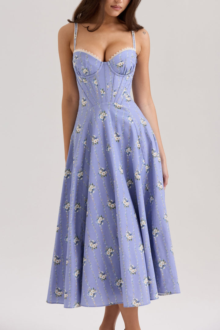 Lilou Blue Daisy Print Midi Sundress in Blue