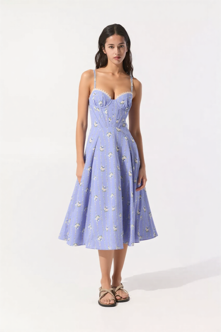 Lilou Blue Daisy Print Midi Sundress in Blue