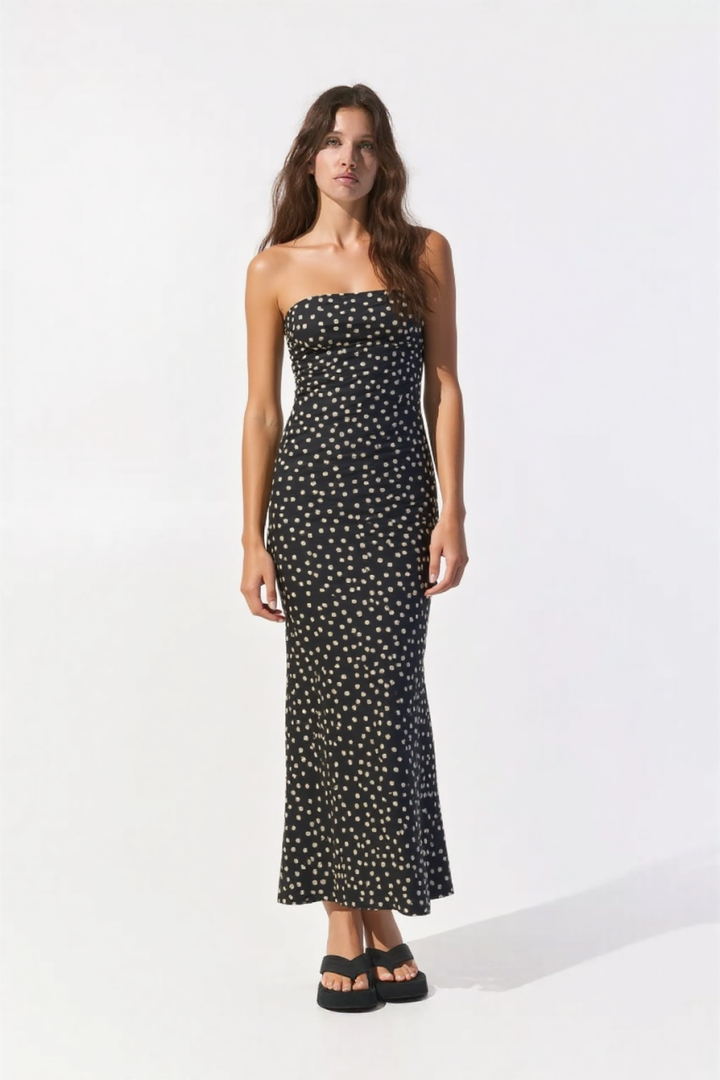 Denya Strapless Maxi Dress in Black Polka Dot Print