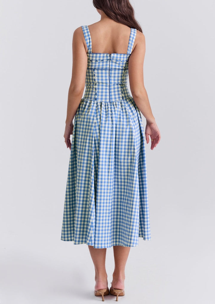 ANIAH BLUE GINGHAM MIDI SUNDRESS