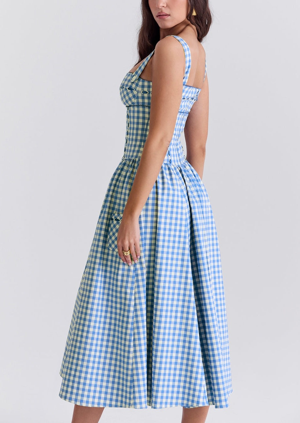 ANIAH BLUE GINGHAM MIDI SUNDRESS