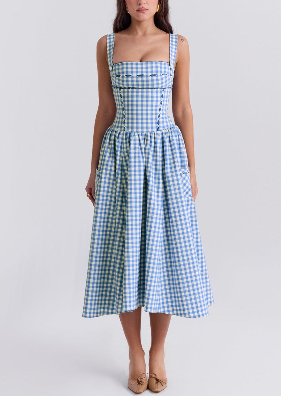 ANIAH BLUE GINGHAM MIDI SUNDRESS