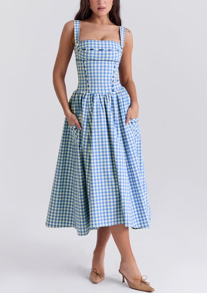 ANIAH BLUE GINGHAM MIDI SUNDRESS