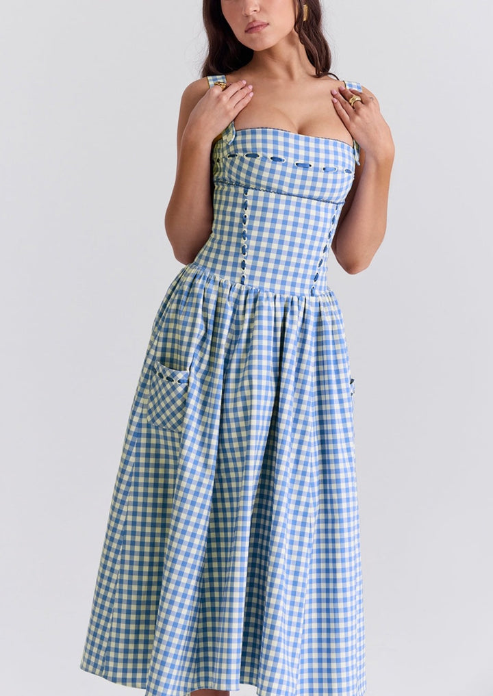 ANIAH BLUE GINGHAM MIDI SUNDRESS