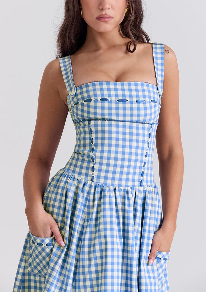 ANIAH BLUE GINGHAM MIDI SUNDRESS