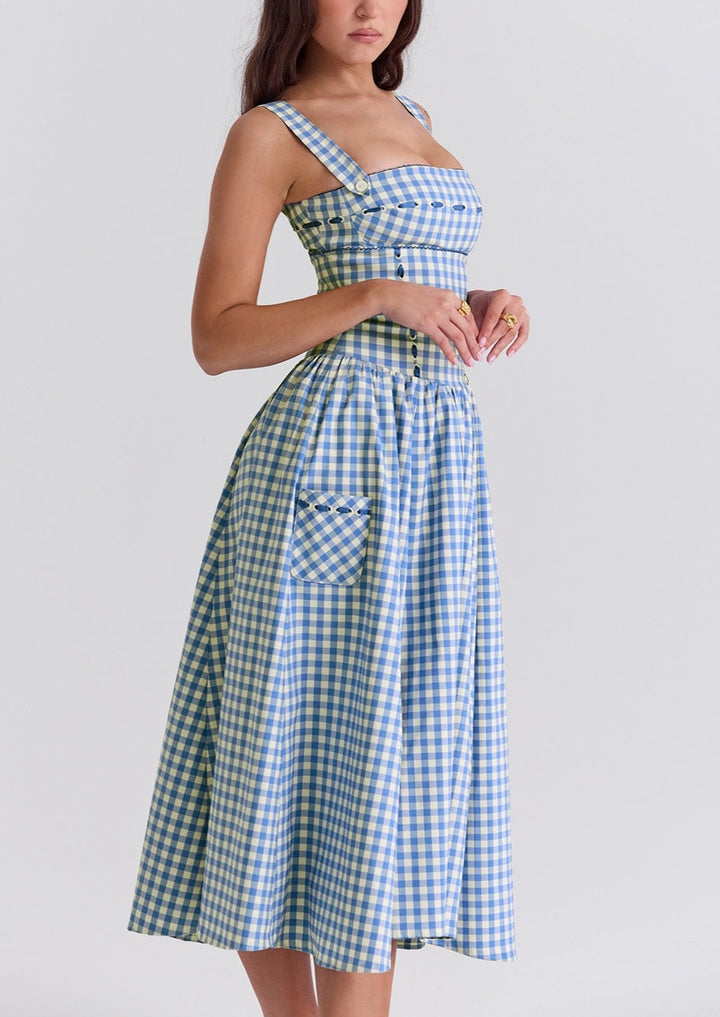 ANIAH BLUE GINGHAM MIDI SUNDRESS