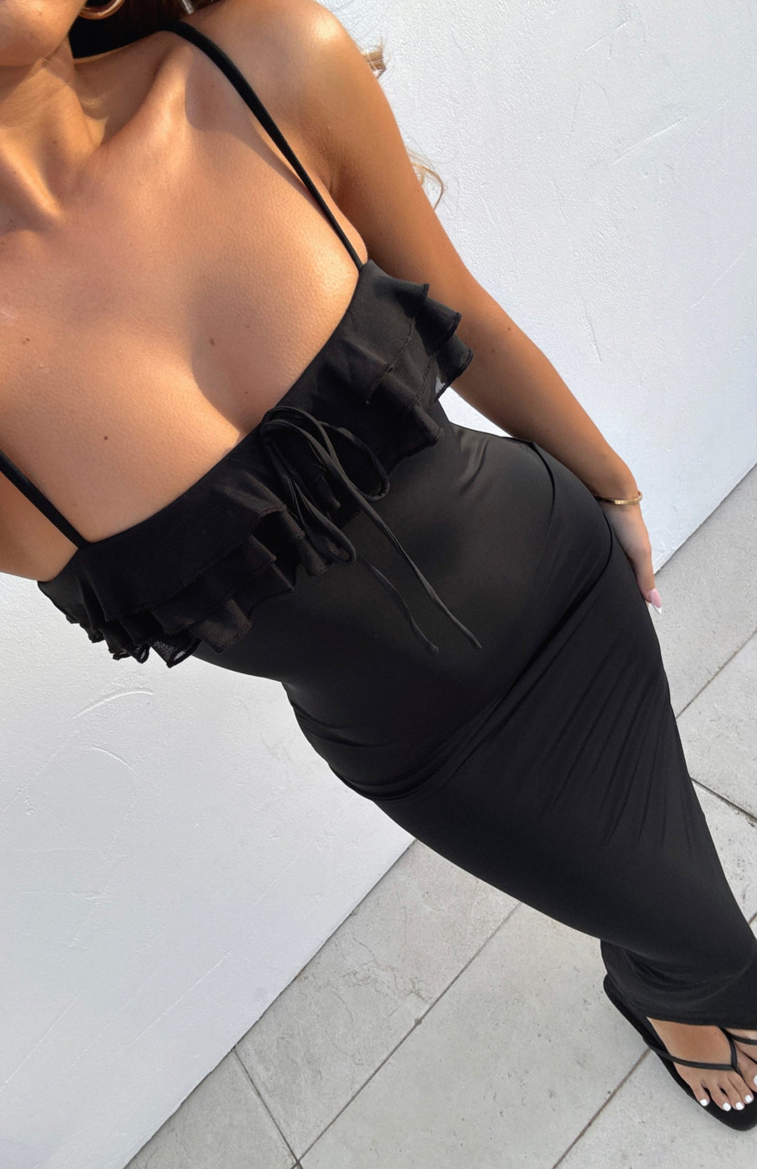 Yanina Ruffle Midi Dress Black