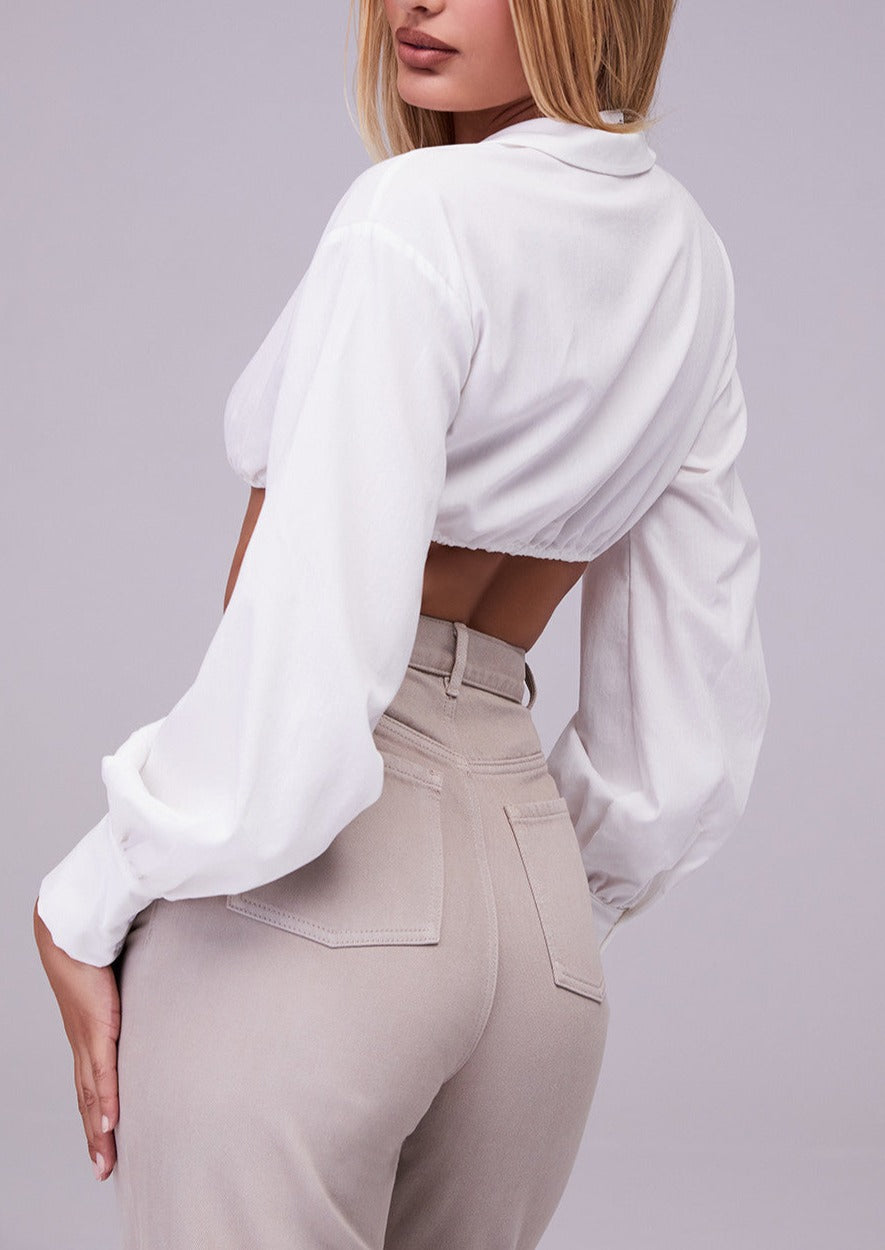 CELESTE WHITE BALLOON SLEEVE CROPPED SHIRT