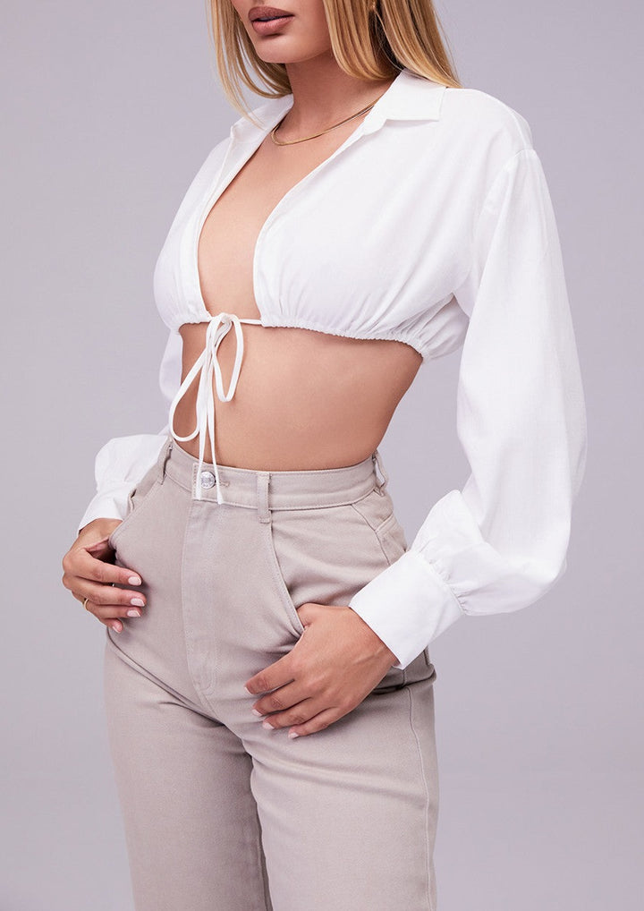 CELESTE WHITE BALLOON SLEEVE CROPPED SHIRT