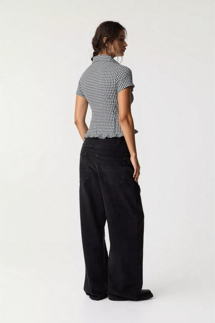 Bexley shirred puff sleeve top in ghingam print