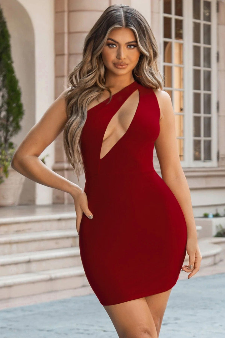 ALL YOURS Maroon ASYMMETRIC CUT OUT MINI DRESS