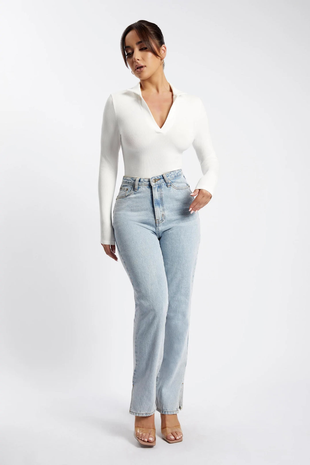 BELLE Long Sleeve Collar Bodysuit in White – OUTCAST